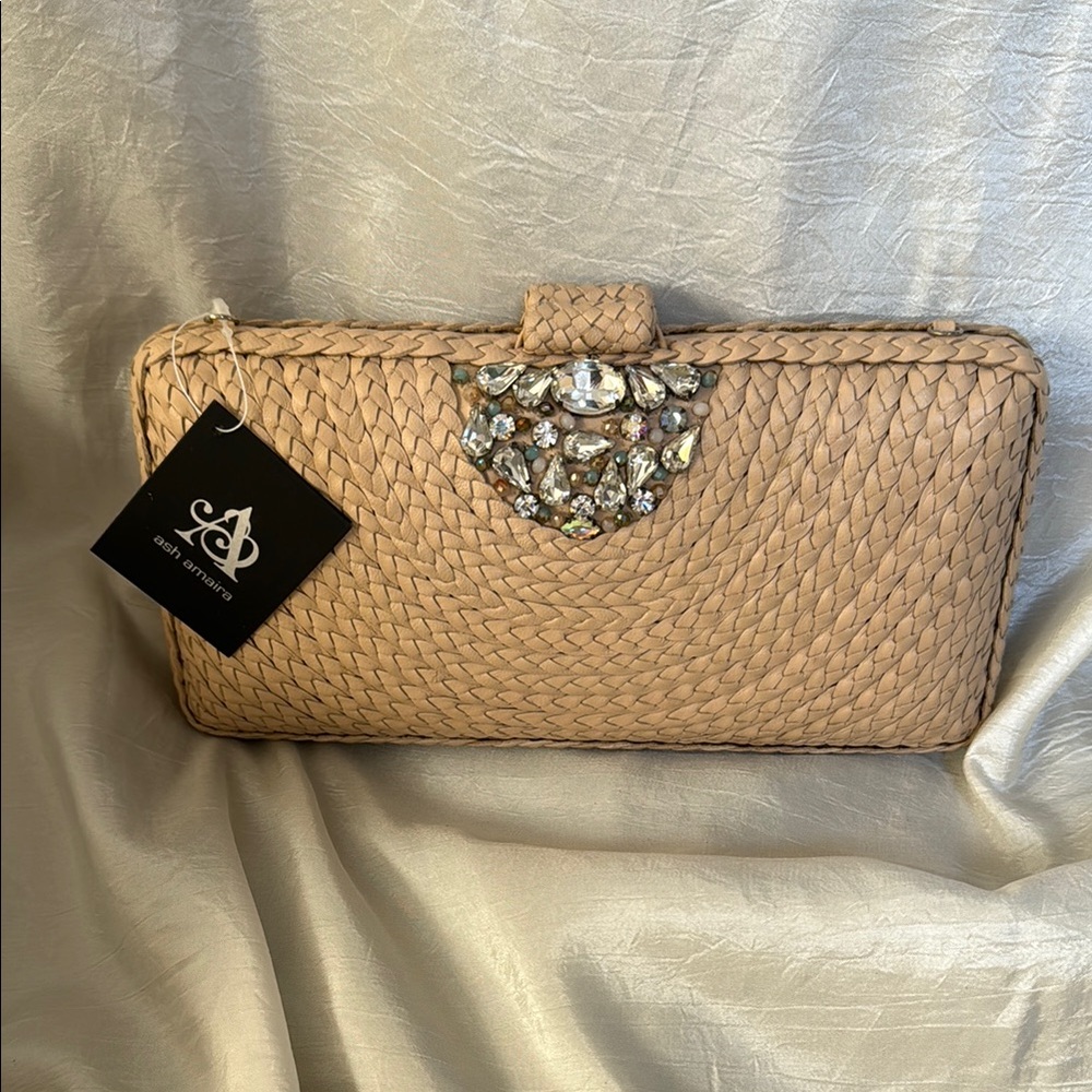Ash Amaira Tan Woven Clutch with Jewel Accent